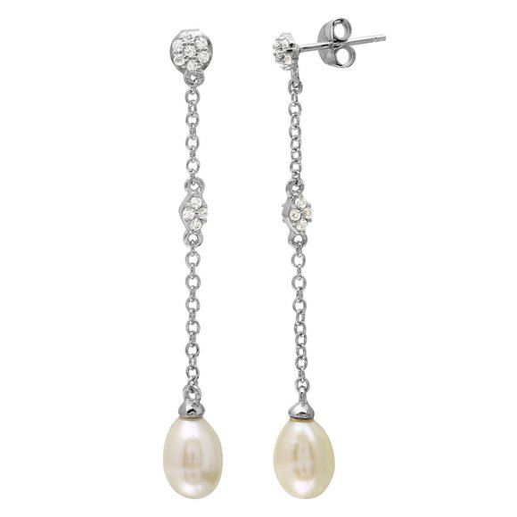 Silver 925 Dangling CZ Fresh Water Pearl Earrings - Picture 1 of 1